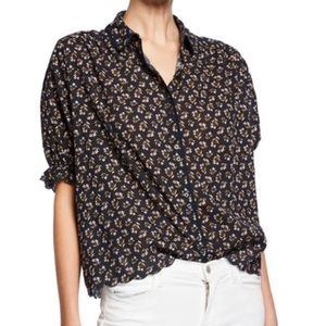 THE GREAT Whistle Floral Scalloped Button Down Top